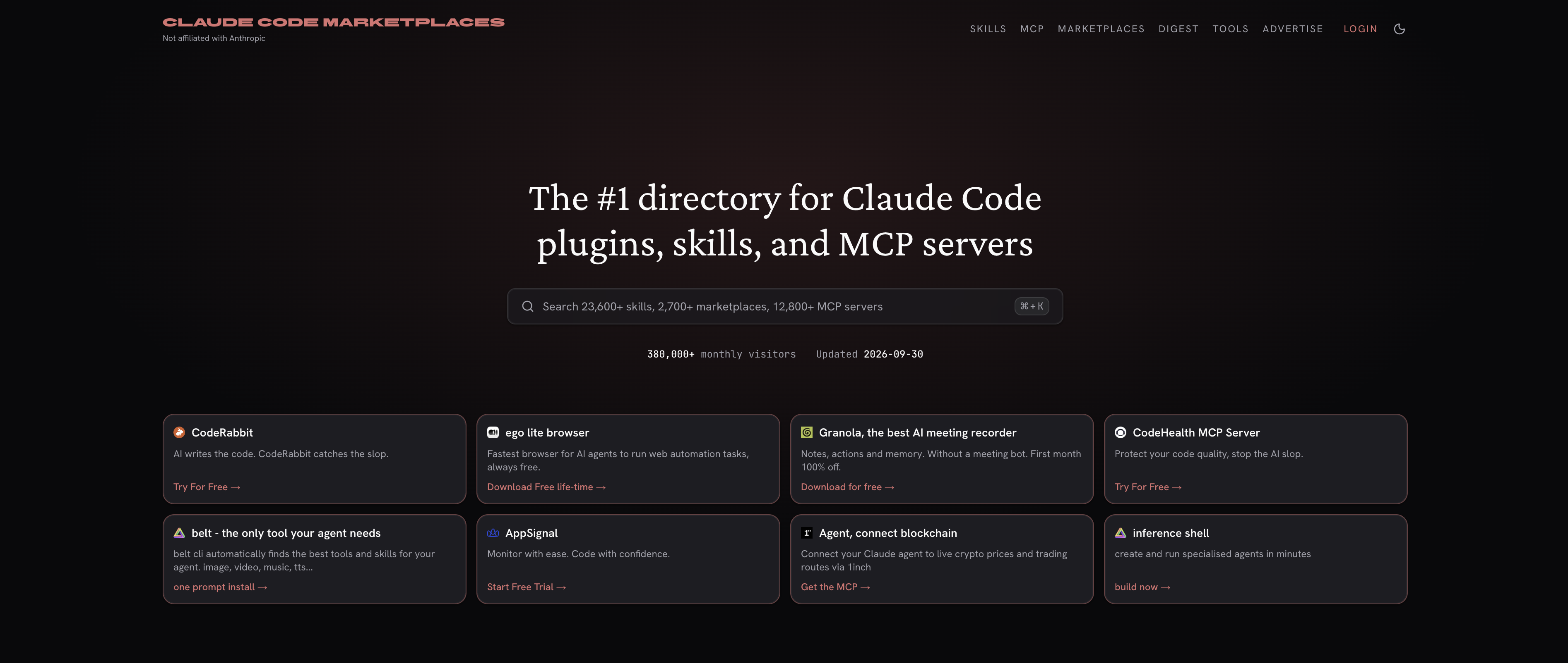 Claude Code Marketplaces homepage with a search bar for skills, marketplaces, and MCP servers