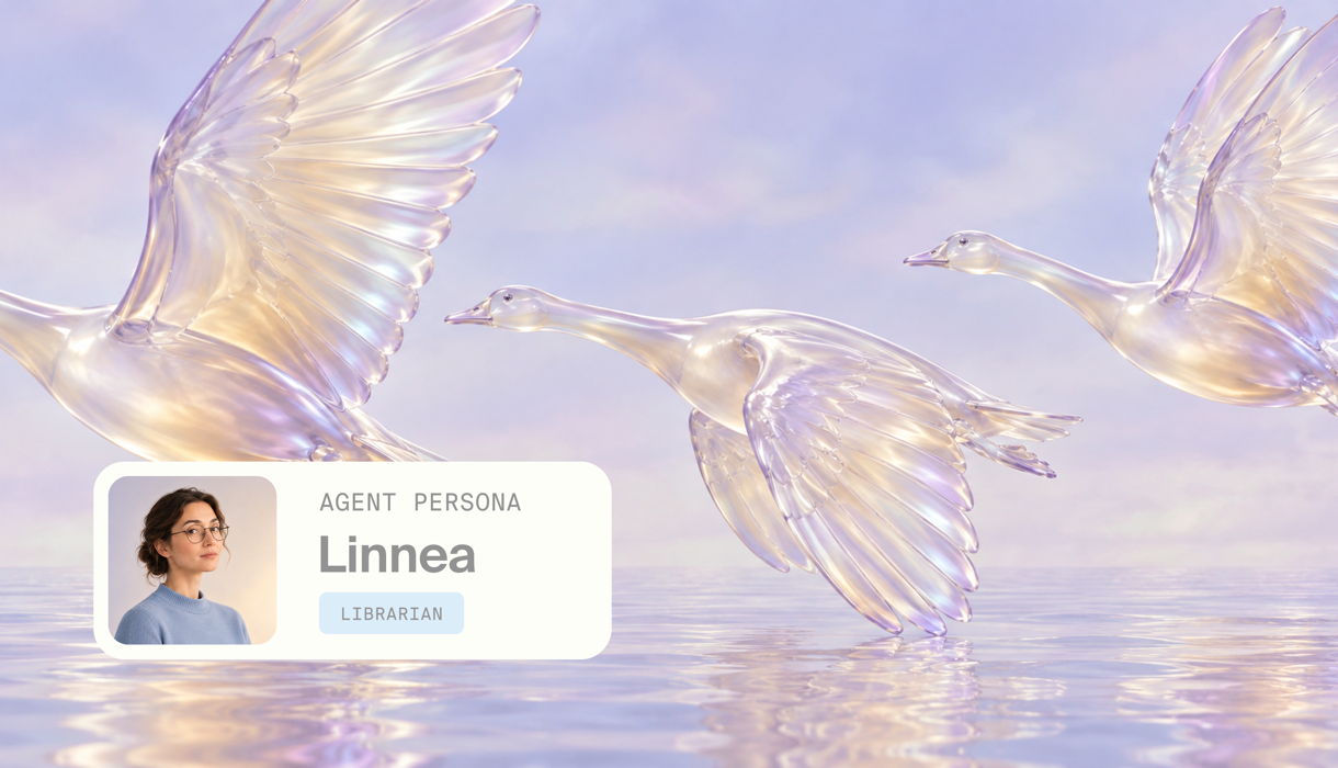 Glass geese flying low over water, with an agent persona card reading 'Linnea' and a LIBRARIAN badge
