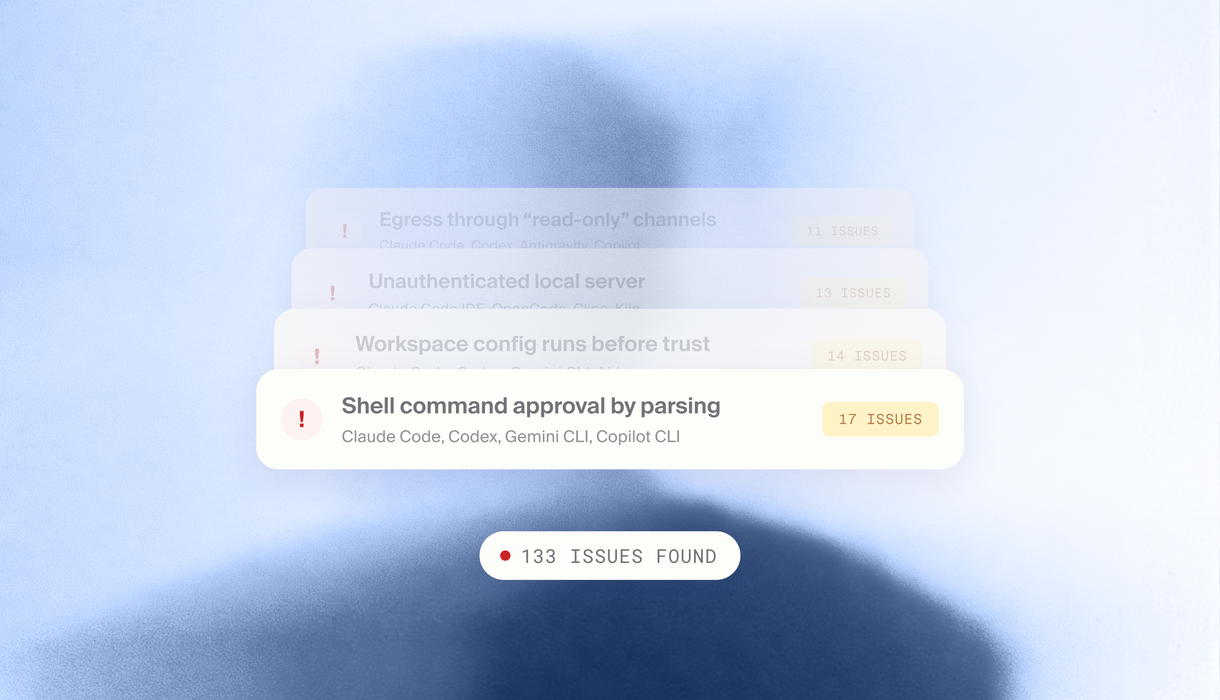 Stacked alert cards showing coding agent vulnerability classes with a badge indicating 133 issues found