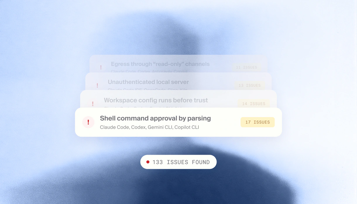 Stacked alert cards showing coding agent vulnerability classes with a badge indicating 133 issues found